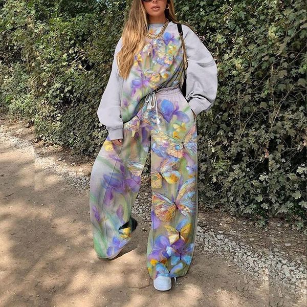 

women's tracksuits butterfly print two piece set casual sweatshirts sweatpants vintage women loose pullover 2021 spring autumn plus siz, Gray