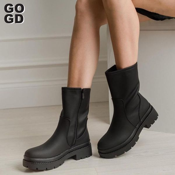 

boots [gogd]2021 autumn western pu material round last long shoes female trendy plush ankle women's short big size 36-41, Black