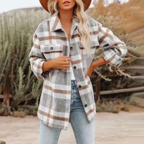 

women's wool & blends women oversize brushed plaid jacket coat 2021 fashion lapel long sleeve single-breasted blouse female outerwear c, Black