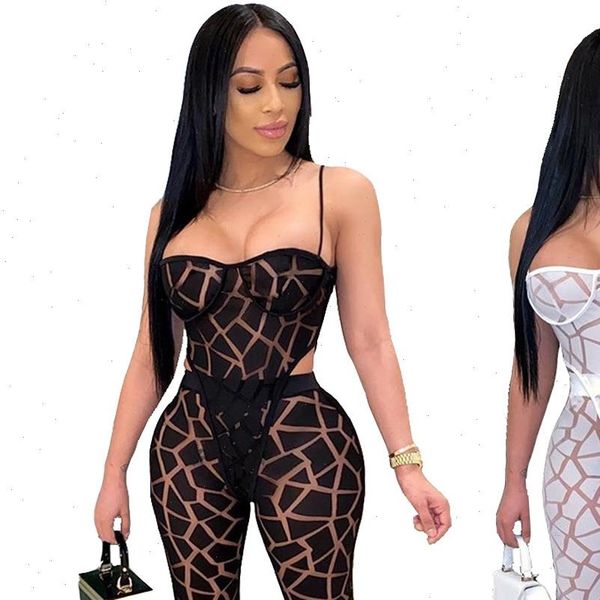 

summer set perspective mesh strapless women tracksuits bodysuits pants night club party street two piece suit outfits, Gray