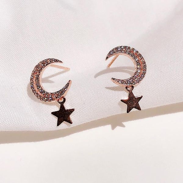 

stud s925 sterling silver temperament moon star full set zircon rhinestone earrings meniscus five-pointed, Golden;silver