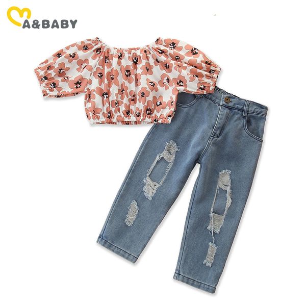 1-6Y Summer Toddler Kid Girl Abbigliamento Set Floral Crop Top + Pantaloni in denim Abiti Costumi Abbigliamento per bambini 210515