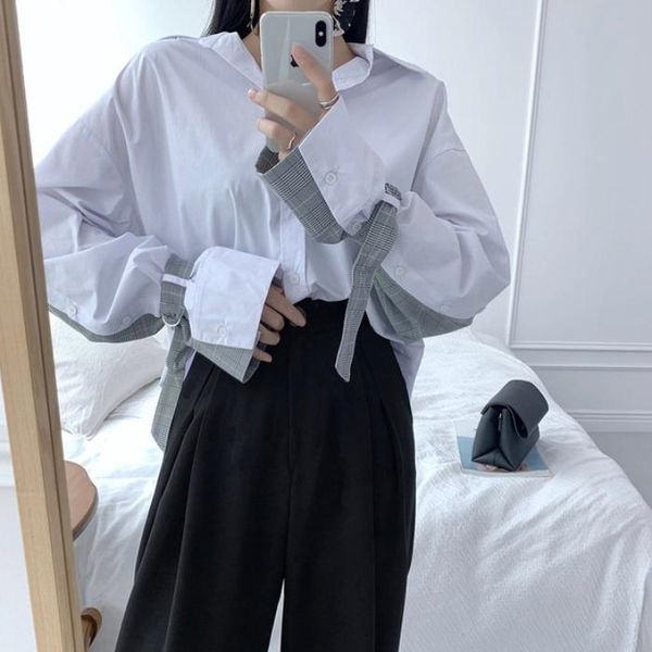 

women's blouses & shirts autumn fashion personality pattern stitching chic long-sleeved lapel single-breasted loose wild shirt women, White