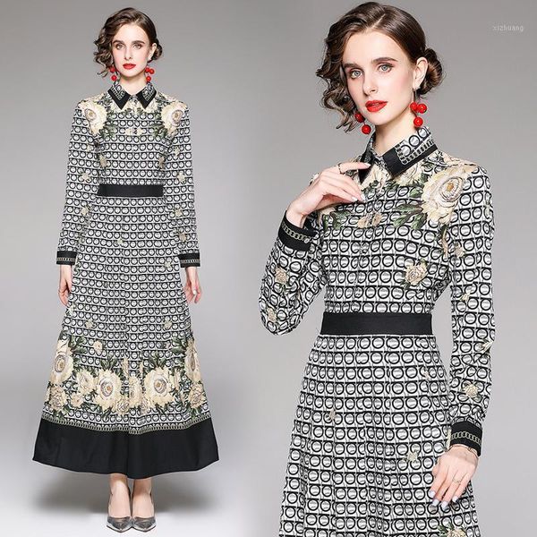 

casual dresses 2021 elegant runway floral maxi dress autumn women long sleeve office lapel slim high waist printed party a-line frock, Black;gray