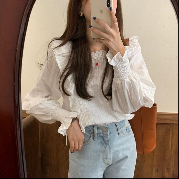 

autumn fashion design sense womens blouses korean long sleeve loose white sweet elegant ruffle