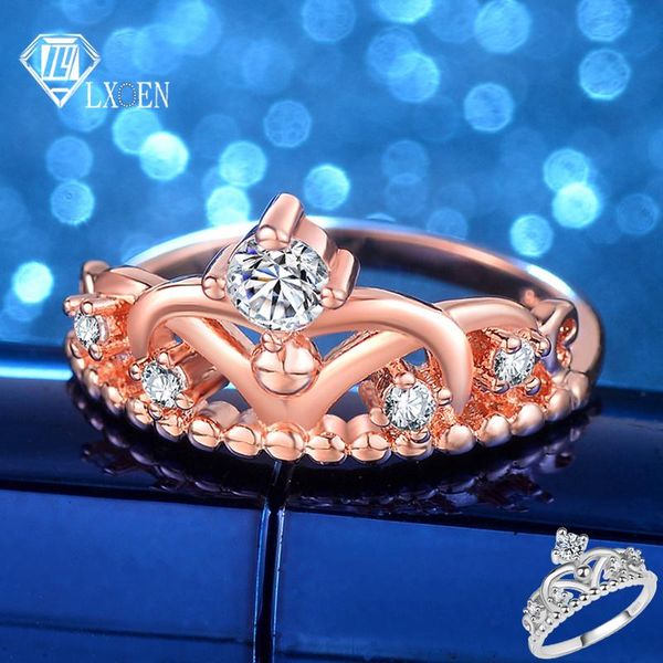 

wedding rings lxoen fashion cute crown ring for party jewelry accessories with rose gold color zirconia crystal engagement anillos, Slivery;golden