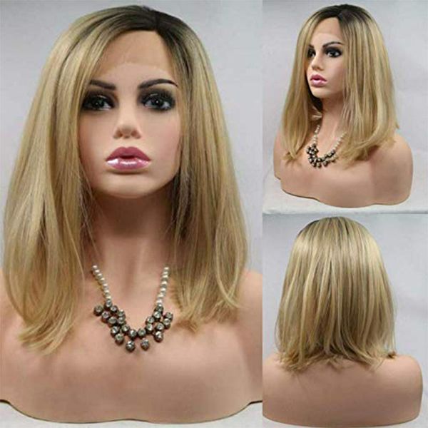 

synthetic wigs black ombre blonde brown lace front wig bob short frontal straight glueless cosplay highlight hair for women