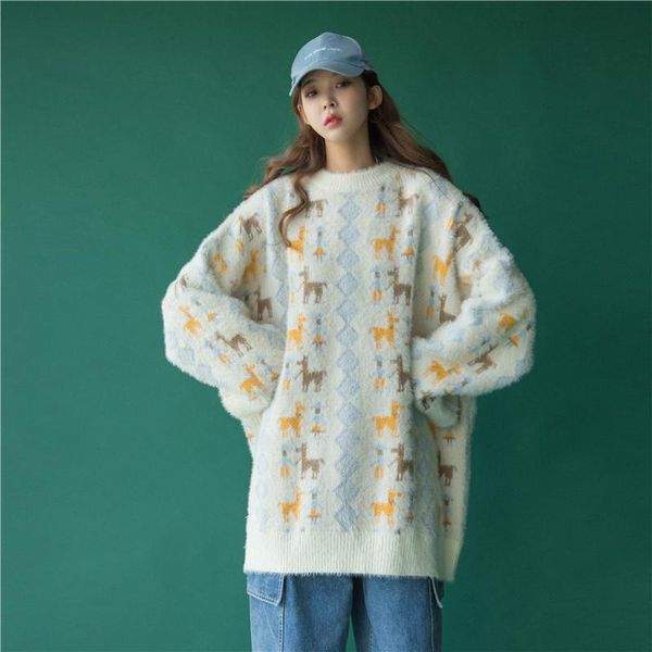 

women's sweaters autumn and winter 2021, knitted pullover women, korean version of mohair loose thickening plush lazy style christmas t, White;black