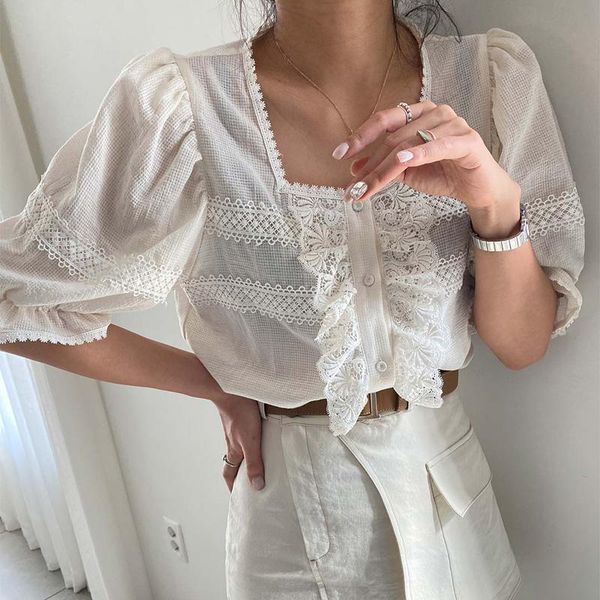 

women's blouses & shirts alien kitty 2021 summer stylish sweet girls loose all match lace brief hollow out office lady women, White