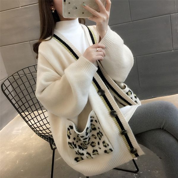 

women's sweaters v-neck knitted cardigan loose korean leopard print pockets autumn and winter new all-match jacket qm* 65cx, White;black