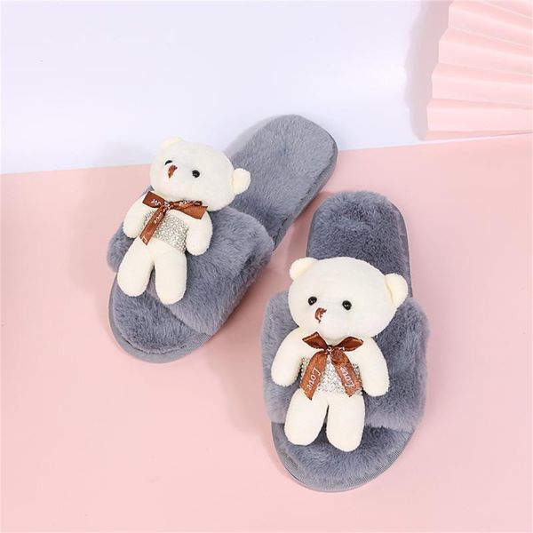 Hausschuhe Frauen Mode Puppe Bär Plüsch Set Füße Flache Warme Casual Baumwolle Innen Schlafzimmer Nicht-slip Weiche Winter Hause schuhe