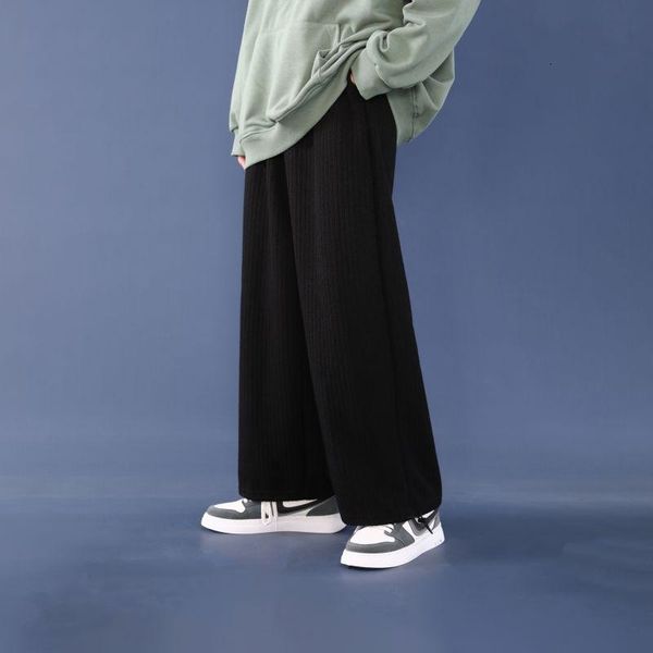 

men's pants spring autumn wide leg fashion retro knit casual men streetwear korean loose straight mens trousers, Black