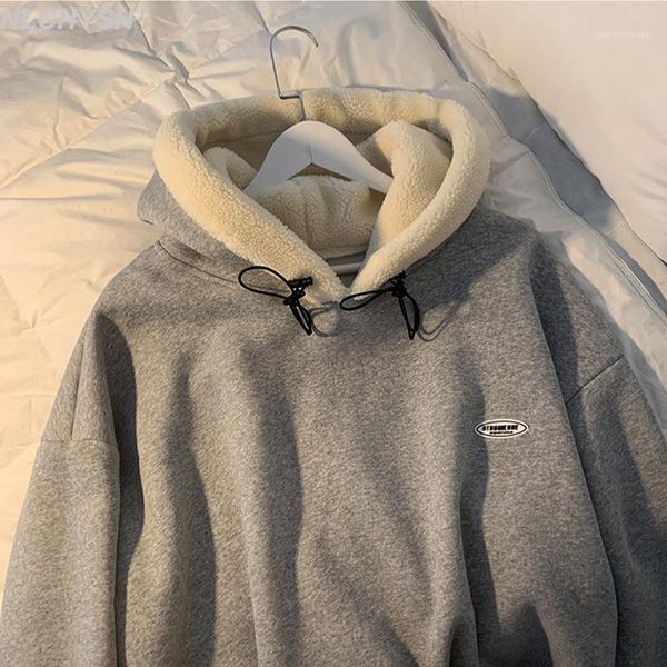 

men's hoodies & sweatshirts 2021 fashion casual coat autumn and winter lamb plush thickened warm hoodie loose solid color couple pullov, Black