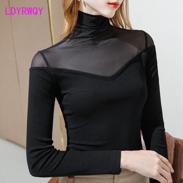 

women's t-shirt high collar net gauze bottom shirt autumn winter style long sleeve see-through elastic black, White