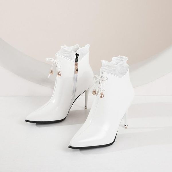 

boots stiletto thin high heels women booties black white ruffles lined sweet bow knot short woman ladies fall shoes size 47