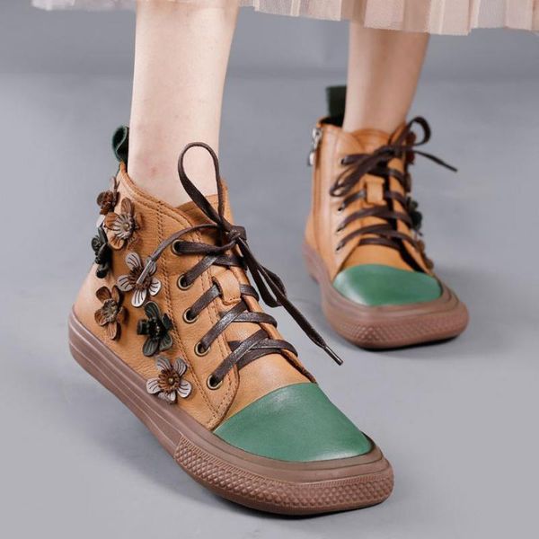 

boots woman genuine leather shoes women floral lace-up square toe mixed colors flat with 2021 winter handmade platform, Black