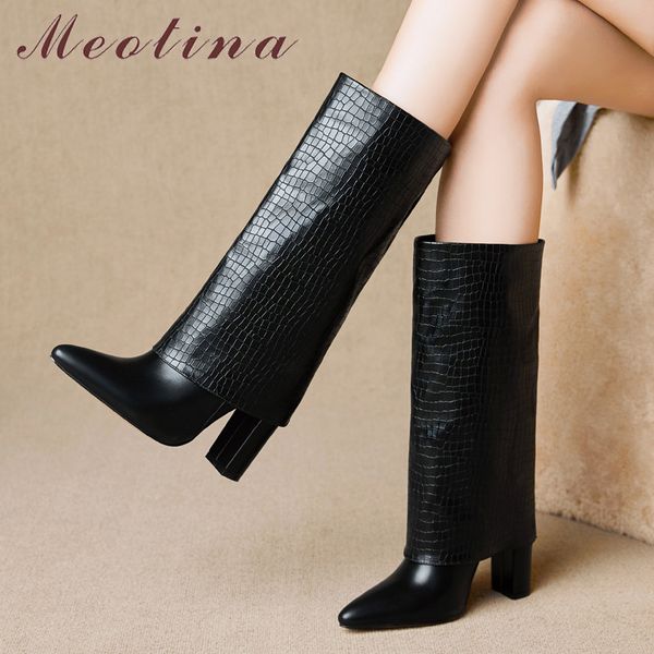 

meotina mid calf boots women real leather high heel boots pointed toe thick heels fashion boots shoes ladies autumn winter black 210520