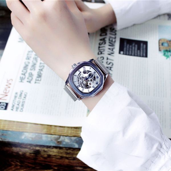 

european and american fashion highend authentic automatic mechanical watch mens waterproof hollow out korean fashion luminous mechanical wa, Slivery;brown