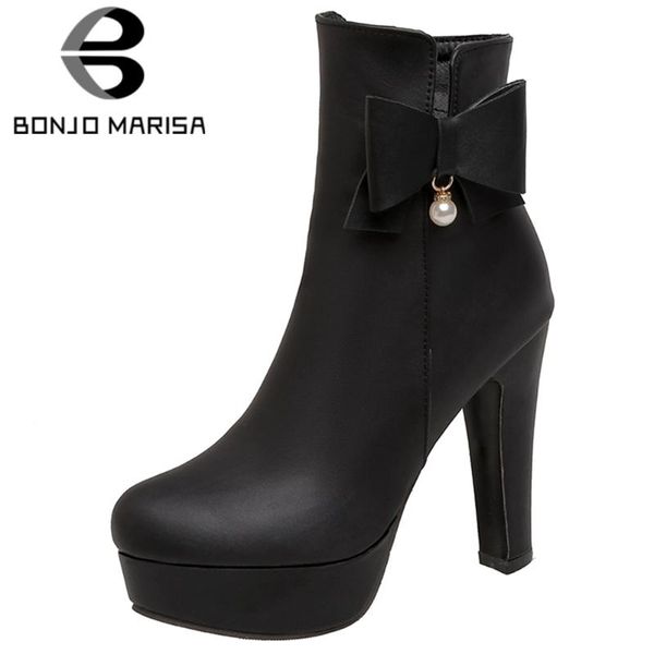 

boots chic big size 47 high heels platform sweet bow tie ladies office ankle booties winter shoes women, Black