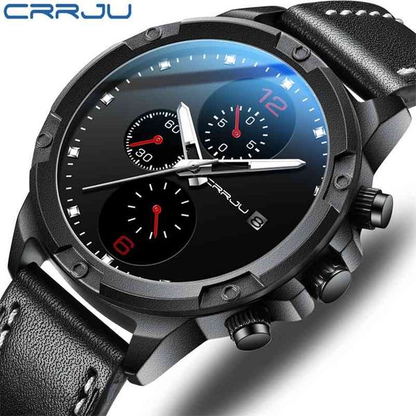 

crrju men leather watch mens fashion business waterproof chronograph minimalist quartz leather watch for male relogio masculino 210517, Slivery;brown