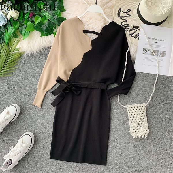 

gaganight women knitted dress autumn winter long sleeve v neck sash bodycon mini dresses slim bandage chic dress 210519, Black;gray