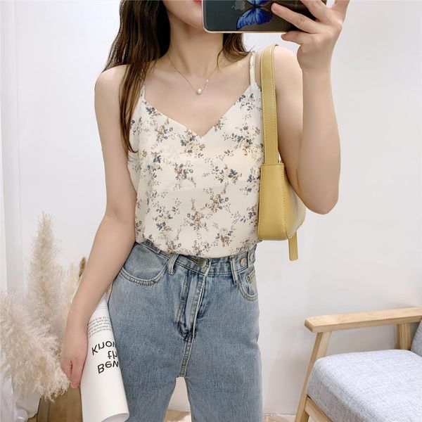 

korean chiffon womens tanks v neck satin sleeveless vest tees loose white ladies camis