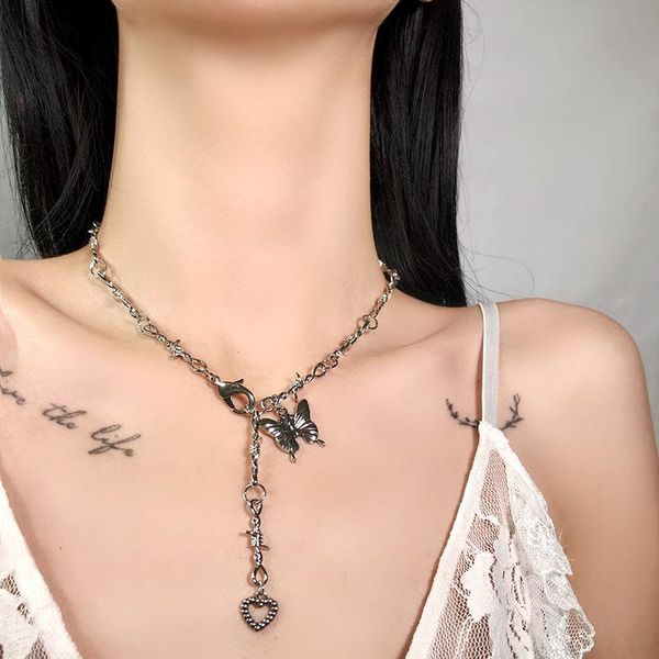 

chains hip hop trendy gothic small iron thorns butterfly love necklace for women punk barbed wire chain choker fashion jewelry gifts, Silver