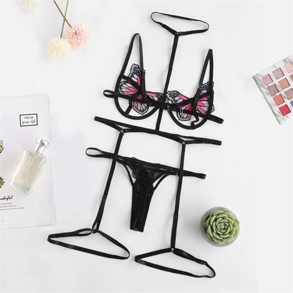 

new womens butterfly applique garter lingerie steel ring gathered hanging neck bra net yarn thong underwear set, Black;white