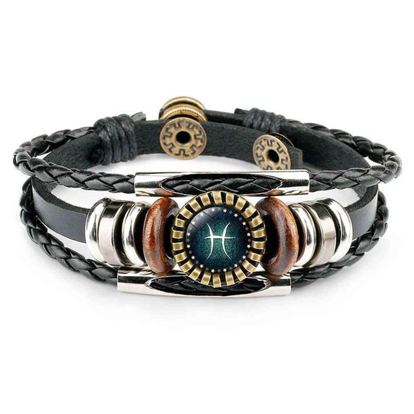 

multilayer leather bracelet 12 constellation zodiac sign men's women's braided bracelets leo scorpio virgo jewelry, Black