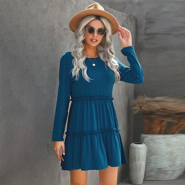 

casual dresses 2021 summer women's solid color long sleeve loose o neck ruffle dress a-line vintage elegant women vestidos, Black;gray