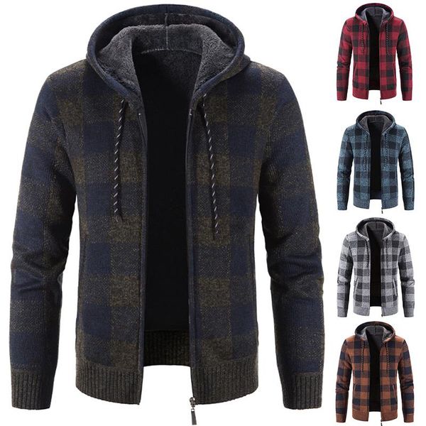 

men's sweaters cardigans autumn/winter clothing fashion plaid coat fleece thick hooded zipper sweater casual loose, White;black