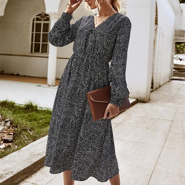 

casual dresses vintage leopard polka dot long dress women autumn winter sleeve office lady elegant maix ladies 2021, Black;gray