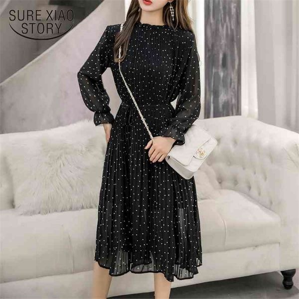 

vintage korean fashion long sleeve black clothes spring lady chiffon dress women polka dot pleated 3670 50 210510, Black;gray