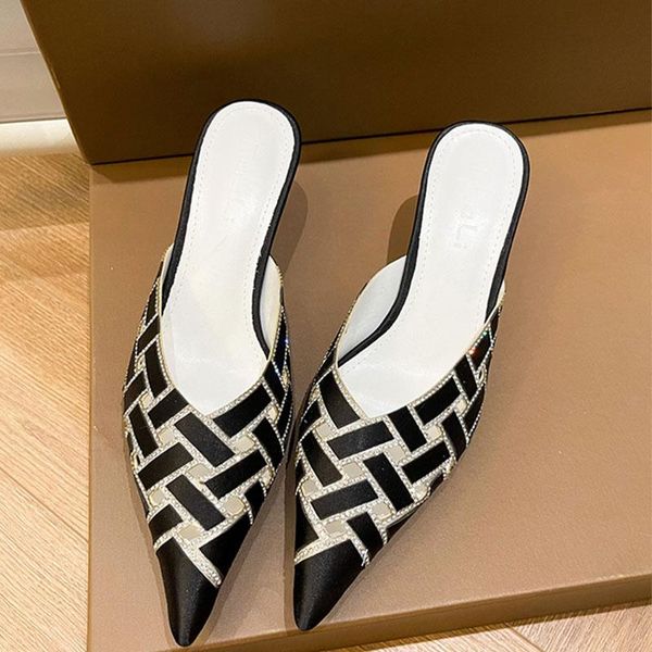 

slippers 2021 rhinestone pointed toe women thin low heels slip on mules shoes ladies elegant outsides slides sandals flip flop, Black