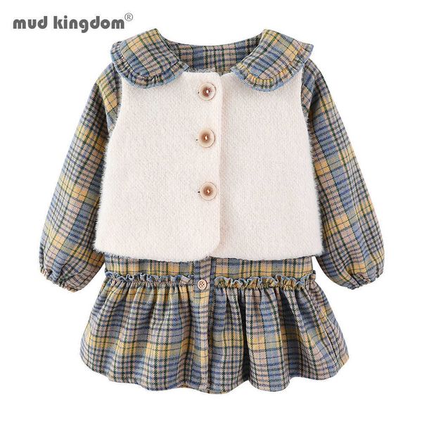 Mudkingdom Herbst Winter Niedliche Prinzessin Kleid Set Baby Mädchen Plus Samt Warme Weste + 2 stücke Kinder Kleidung 210615