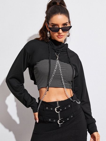

solid chain detail super crop hoodie without striped e9tk#, White;black