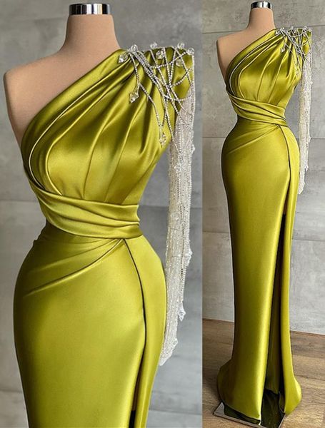 

aso ebi 2022 arabic plus size green sheath prom dresses one shoulder satin evening formal party second reception birthday engagement gowns d, Black;red