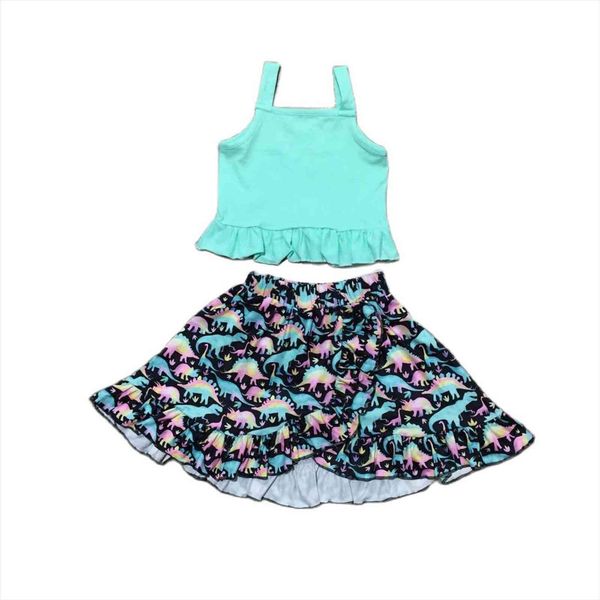 

summer baby girls aqua with dinosaur print skirt kids boutique clothes, White