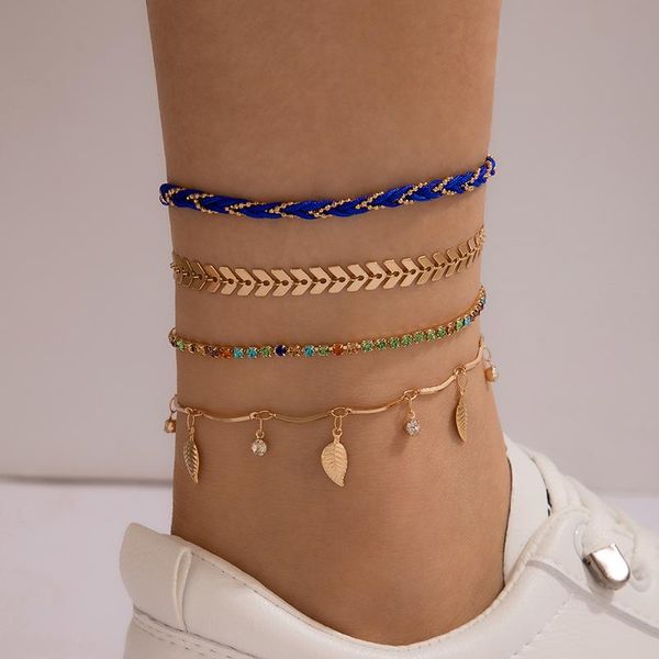 

anklets tocona colorful crystal stone rope tassel for women charms gold alloy leaf foot chain bohemian jewelry 4pcs/set 16544, Red;blue