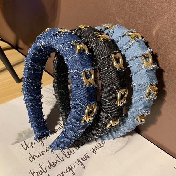

hair clips & barrettes 2021 cool women denim fabric hoop solid color ornament chain twisted sponge headband fashion accessories, Golden;silver
