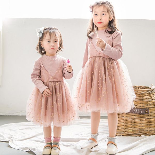 2020 Frühling Kinderkleidung Neue Ins Mädchen Kleid 1-5 Jahre alte Kinder gefälschte zweizackige Mesh Pettiskirt Prinzessin Partykleid Q0716