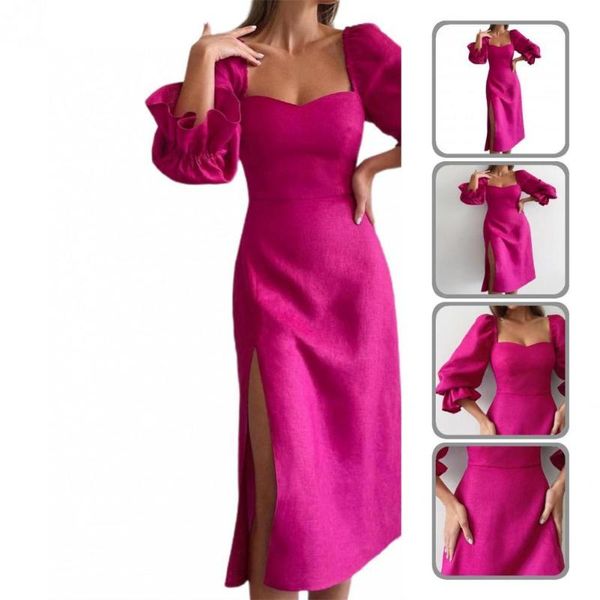 

casual dresses comfy solid color mid-calf long dress breathable party rose red for banquet, Black;gray