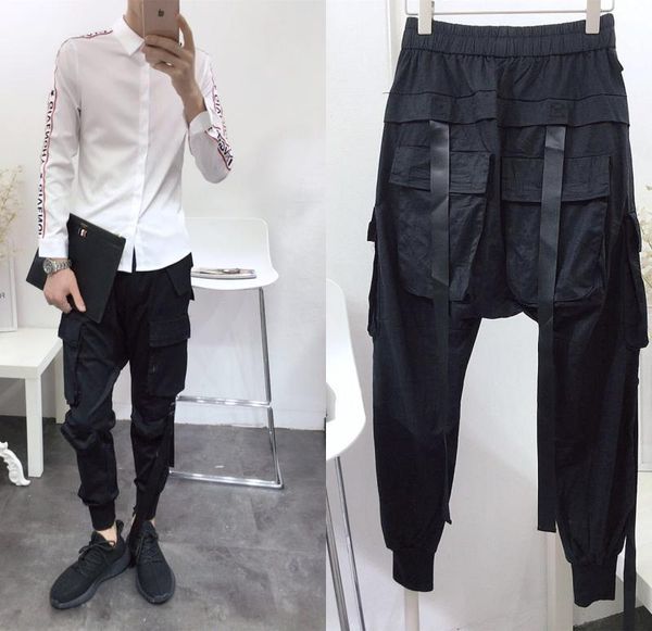 

men's pants 2021 fashion bandeaus casual multi-pocket middle harem, Black