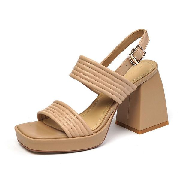

sandals vintage chunky high heels women 2021 summer back buckle strap square toe platform party dress shoes, Black