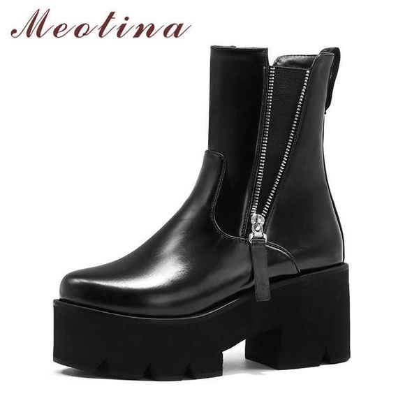 

meotina mid calf boots women shoes zipper platform high heel ladies boots round toe block heels fashion boots female black 43 210608