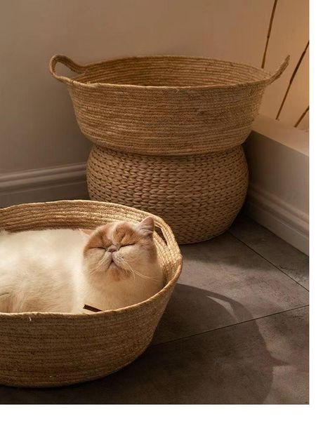 

cat beds & furniture bed pet supplies hand woven rattan soft round basket nest breathable mat sleeping mattresses