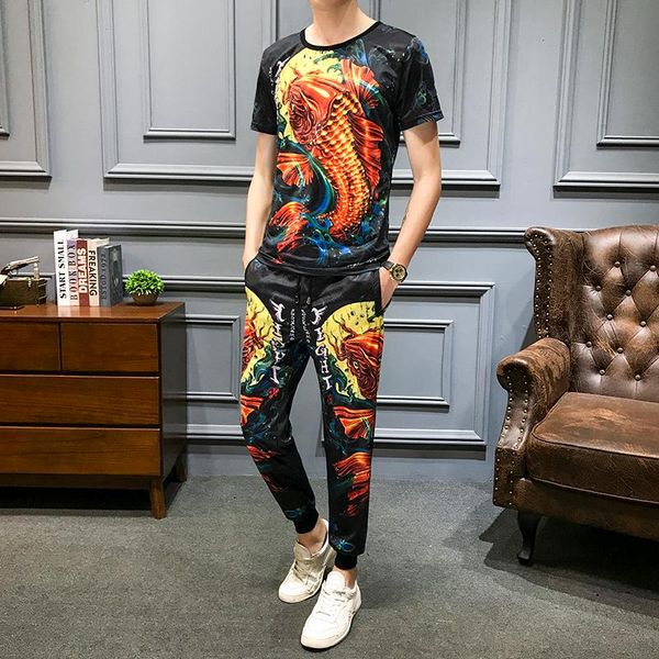

men's tracksuits and tracksuit pants men fish print short sleeve t shirt 2 piece set slim fit outfits 2021 spring high quality, Gray