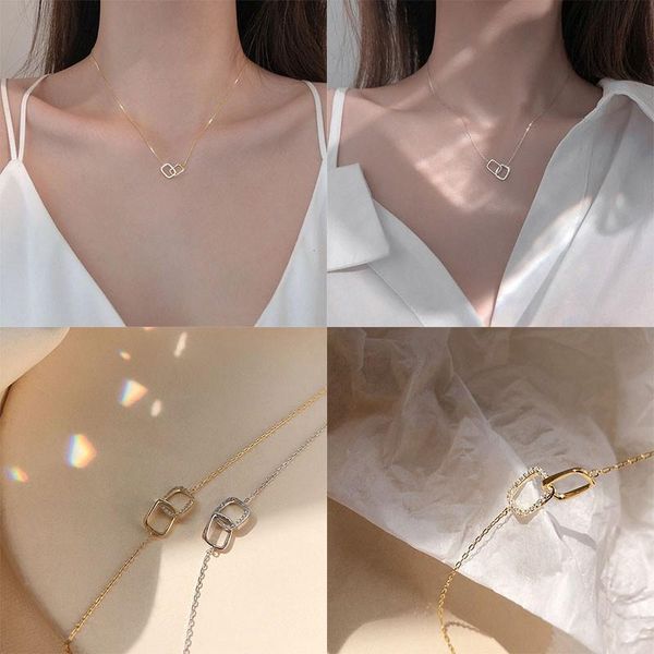 

chains clavicle chain jewelry necklace for women shiny silver square interlocking zircon geometric