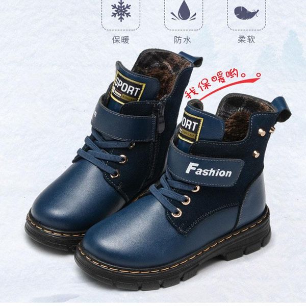 

autumn and winter warm fluffy lining snow boots boys shoes big children leather boy cotton, Black;grey