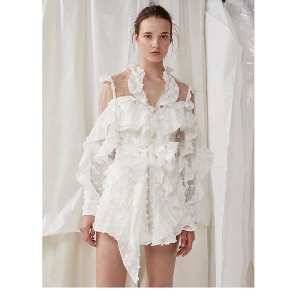 

women's jumpsuits & rompers v-neck see-through dot ruffles ins elegant holiday fashion lace-up playsuit women celebrity body con playsu, Black;white